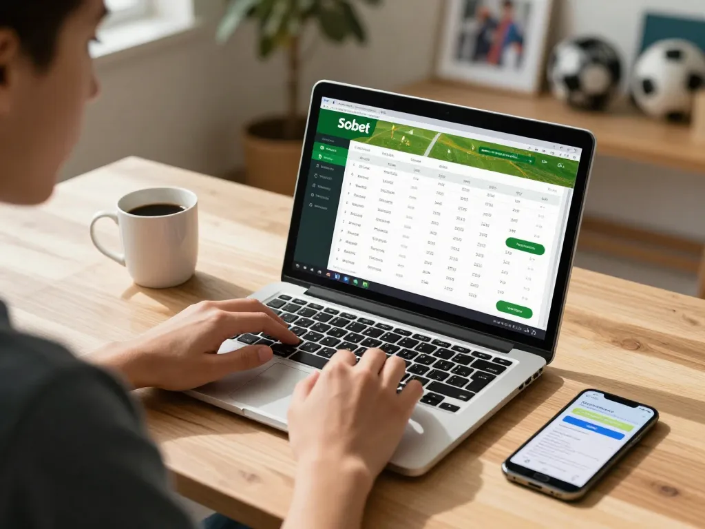 Sbobet user engaging in sports betting through a laptop, vibrant home office setting.
