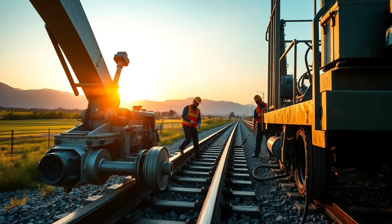 Emergency RailroadRepair team fixing railway tracks with heavy machinery in a rural landscape.