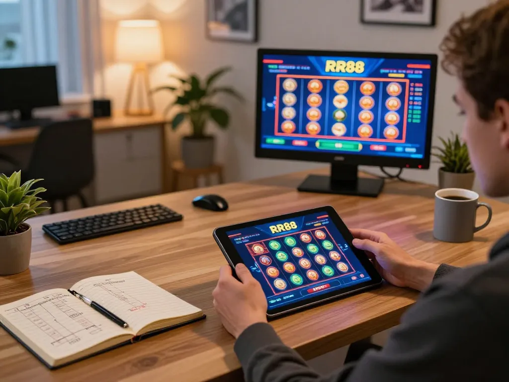 Engaging gamer exploring link rr88 on tablet amidst strategic betting notes, capturing online casino excitement.