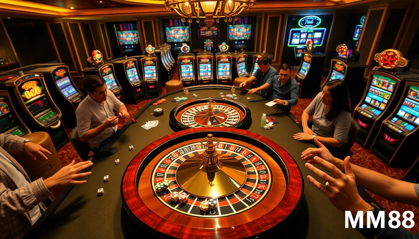 Excited players engaging in a vibrant MM88 casino scene with dice and poker chips.