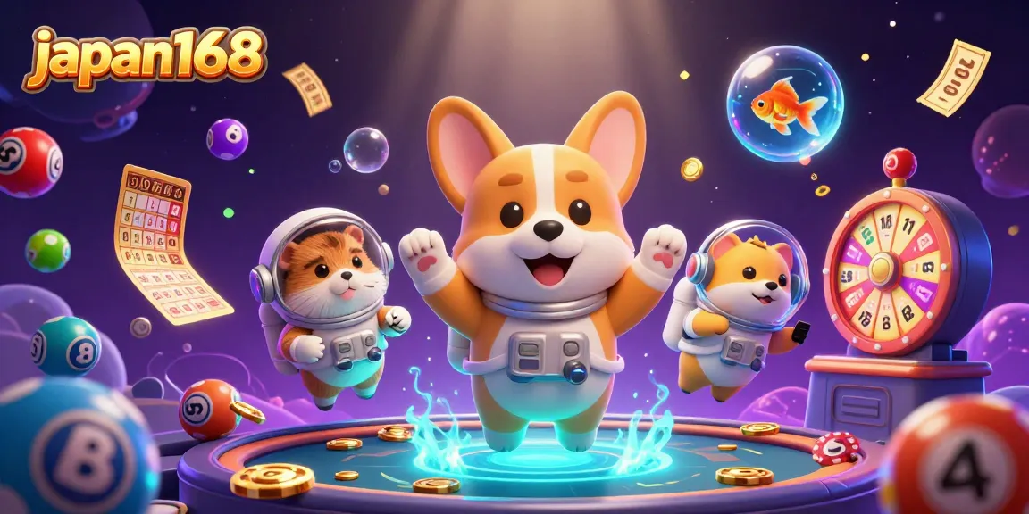 Engage with japan168 in a vibrant 3D space casino scene showcasing a corgi astronaut and a hamster controller.