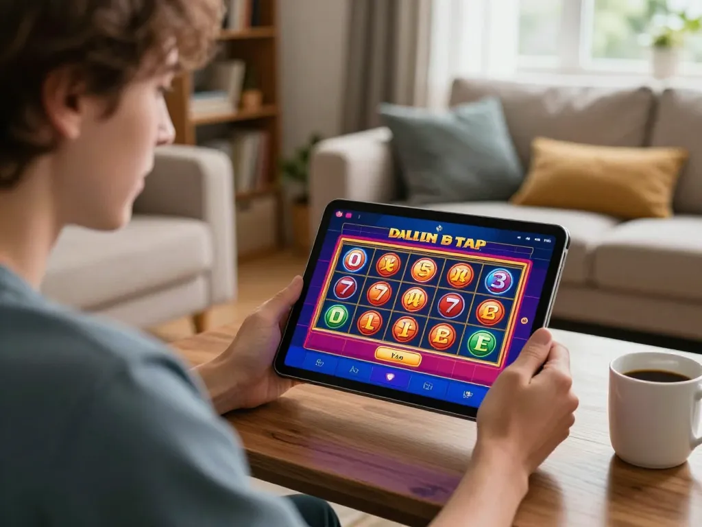 Engaged player on 388bet using tablet for online slots at home, featuring a welcoming environment.