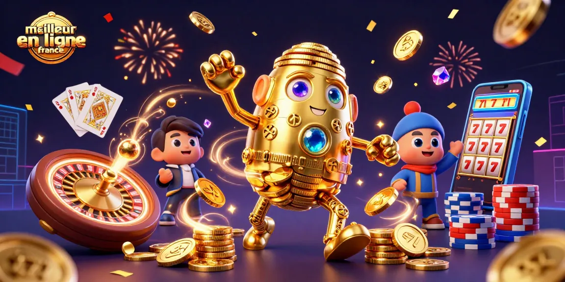 Découvrez une illustration dynamique mettant en avant le meilleur casino en ligne France avec un golem doré et des éléments de jeu captivants.
