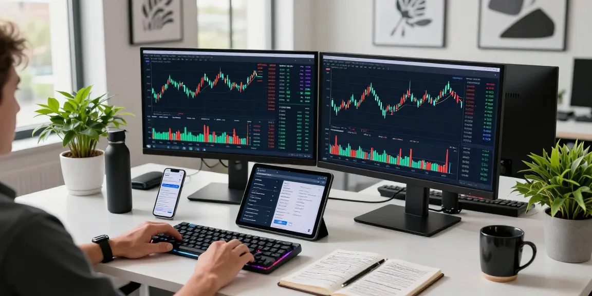 Engaging cloud mining service analysis in a modern trading office featuring cryptocurrency charts and smart devices.