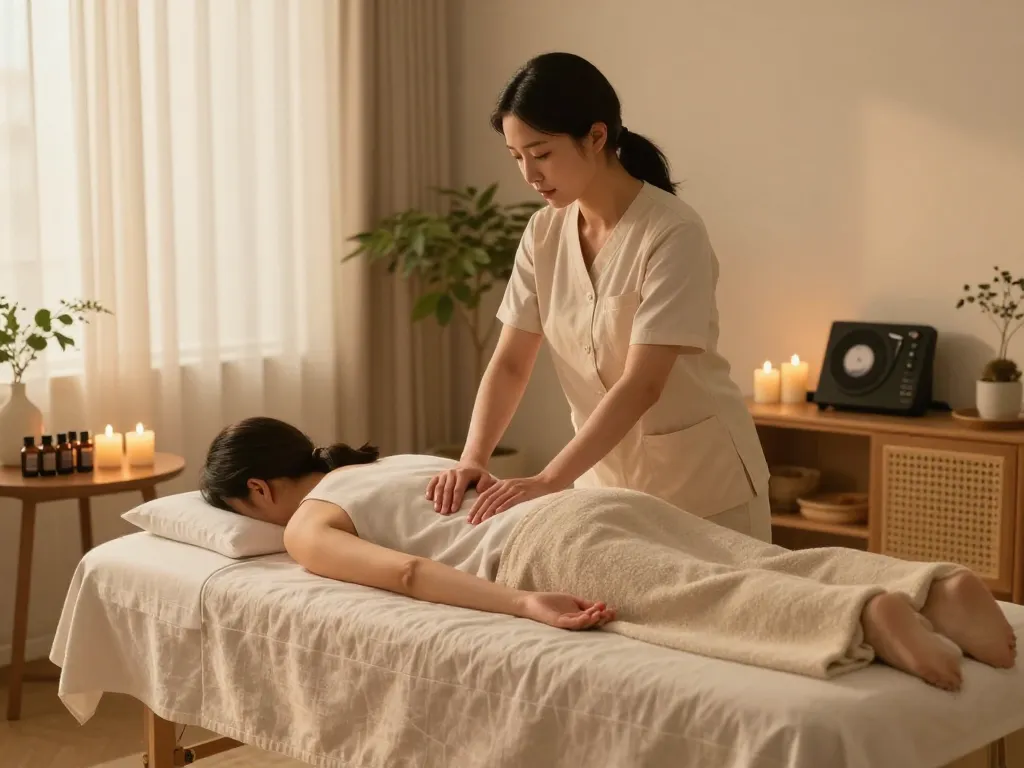 부천 출장마사지 service in a cozy home atmosphere with a professional therapist performing a soothing aromatherapy massage.