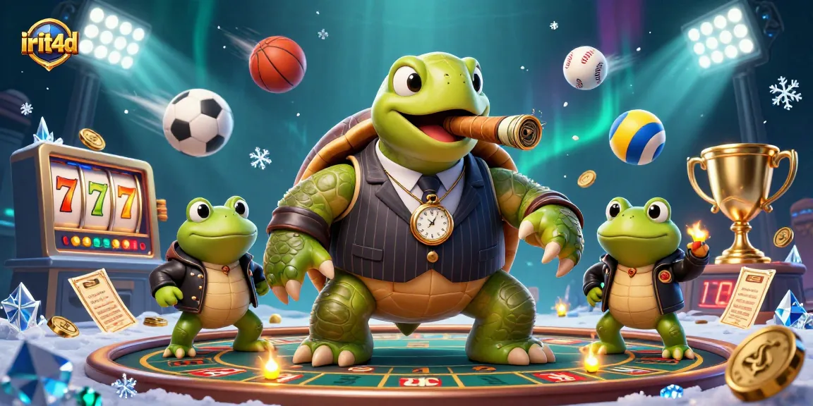 Engage in thrilling gameplay with irit4d's massive turtle mobster and frog enforcers in a vibrant casino scene.