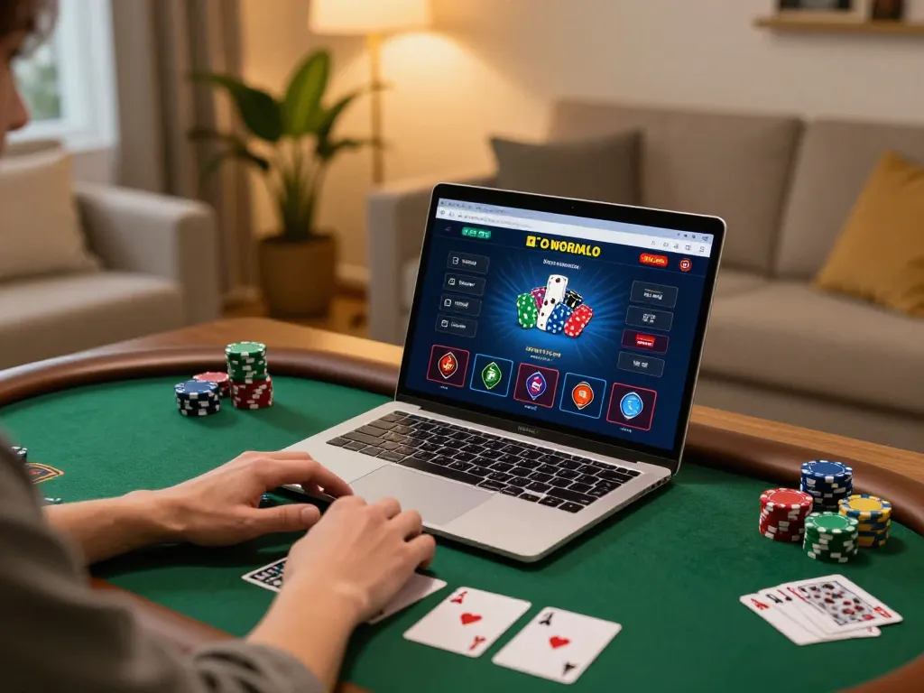 Engaging in online gambling with a nha cai uy tin setup at home, featuring a laptop and vibrant game interface.