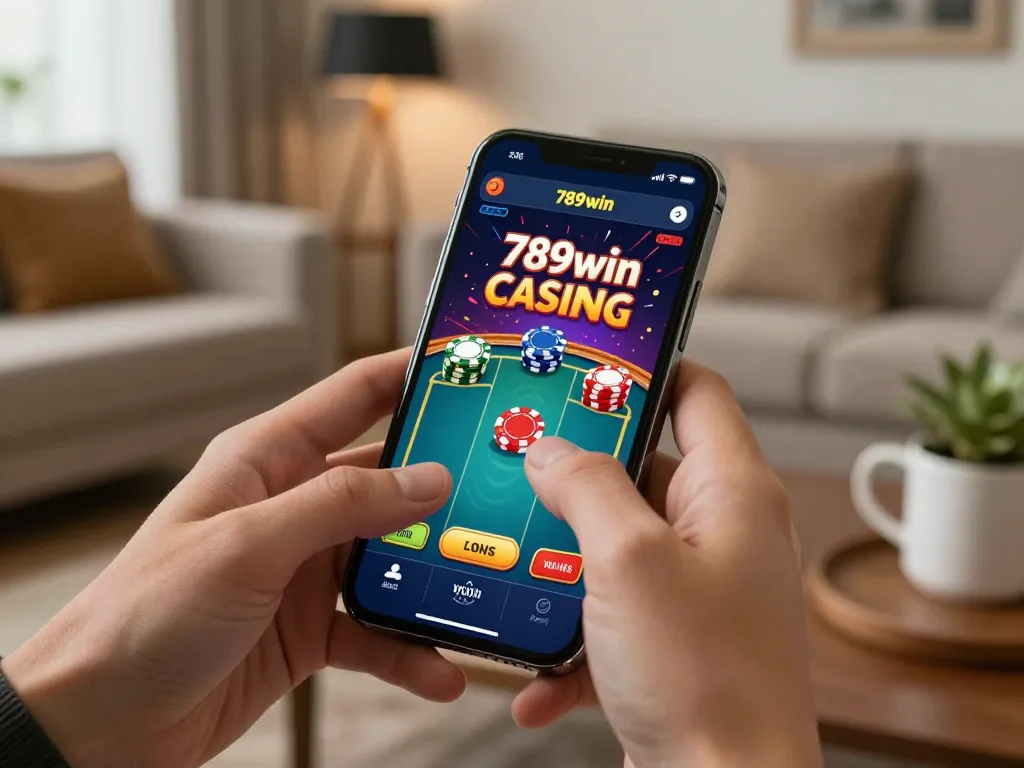 Gamers engaging with the 789win casino app on a smartphone, showcasing a dynamic online gambling experience.