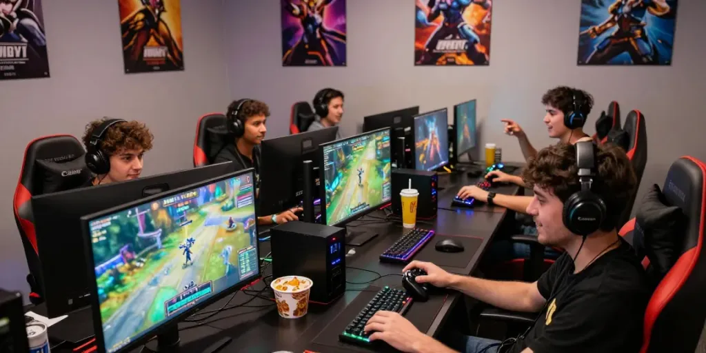 Exciting scene of DJARUMBOS gaming with diverse players engaged in vibrant online multiplayer gaming, showcasing high-tech setups and a lively atmosphere.