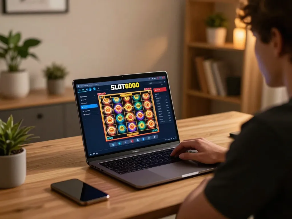 SLOT6000 player engaging in online slot game with luxurious interface and cozy gaming setup