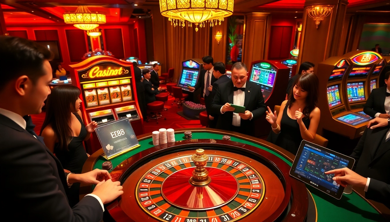 Gamblers enjoying an exciting game experience at EE88 casino with vibrant tables and luxury atmosphere.