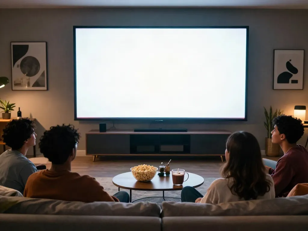 Friends enjoying a movie night at home with idlix terbaru streaming on screen.