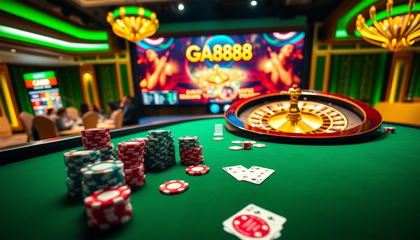 Experience the thrill of winning at GA888 casino with vibrant poker chips and roulette wheels.