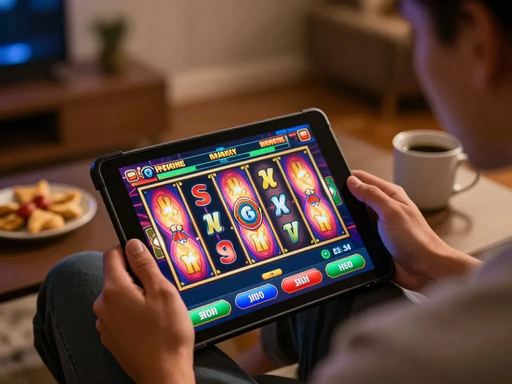 Play okwin on a tablet showing vibrant slot machine gameplay with engaging visuals.