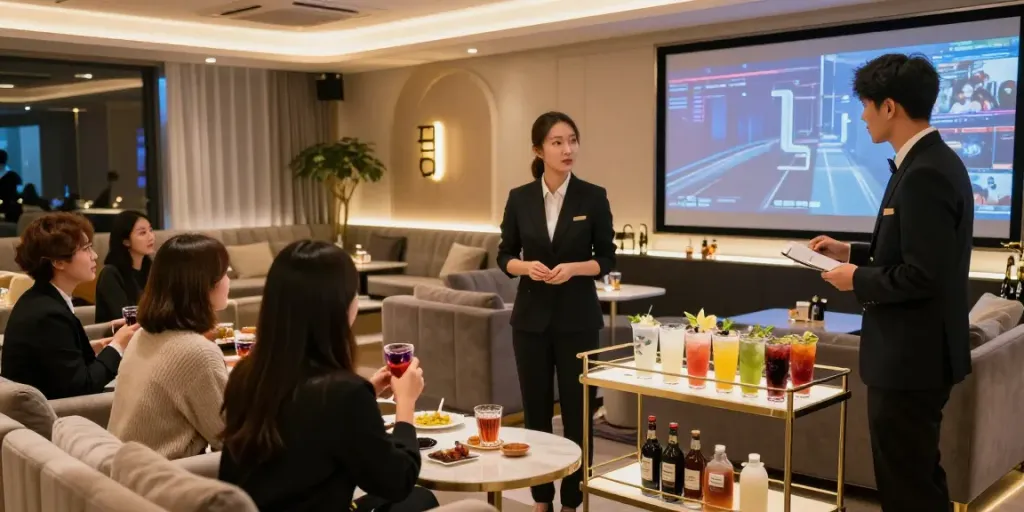 강남 타이밍의 고급스러운 쩜오 라운지 내부 모습과 고객 소통을 하는 매니저의 장면