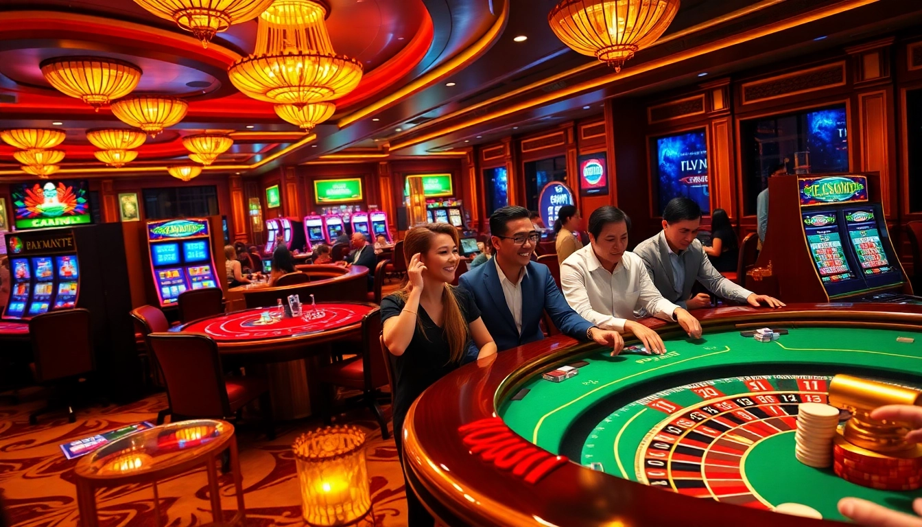 Experience high-stakes excitement at FLY88's vibrant casino, filled with players and stunning visuals.