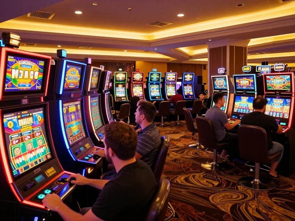 Engaging players enjoying slot gacor machines in a lively casino environment, bright screens and colors enhancing excitement.