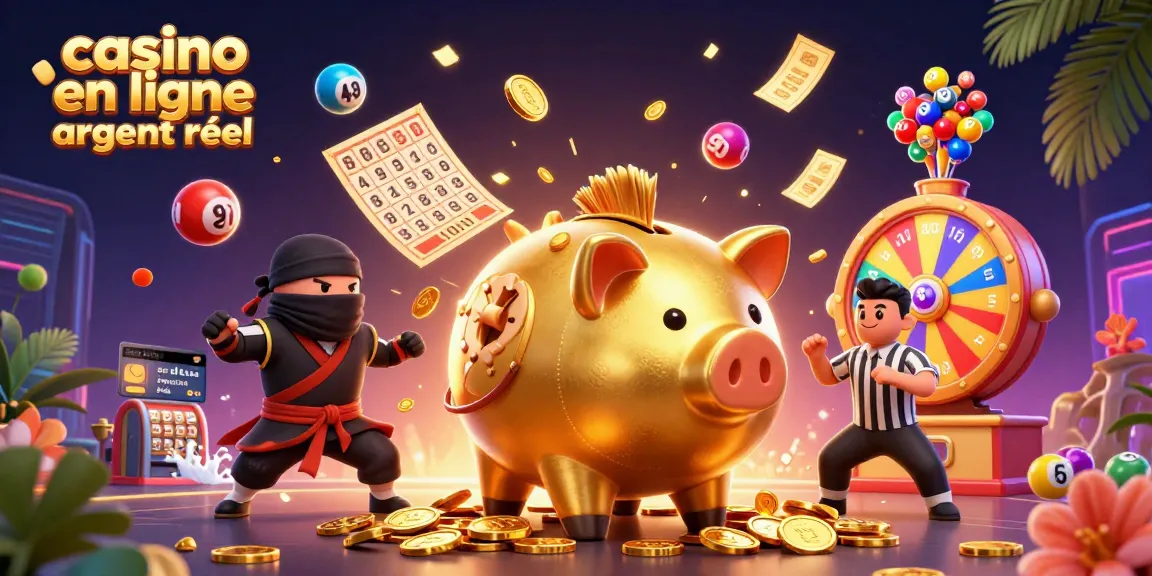 Visuel dynamique du casino en ligne argent réel avec un sumo en tirelire, des pièces tombantes et des jeux colorés.