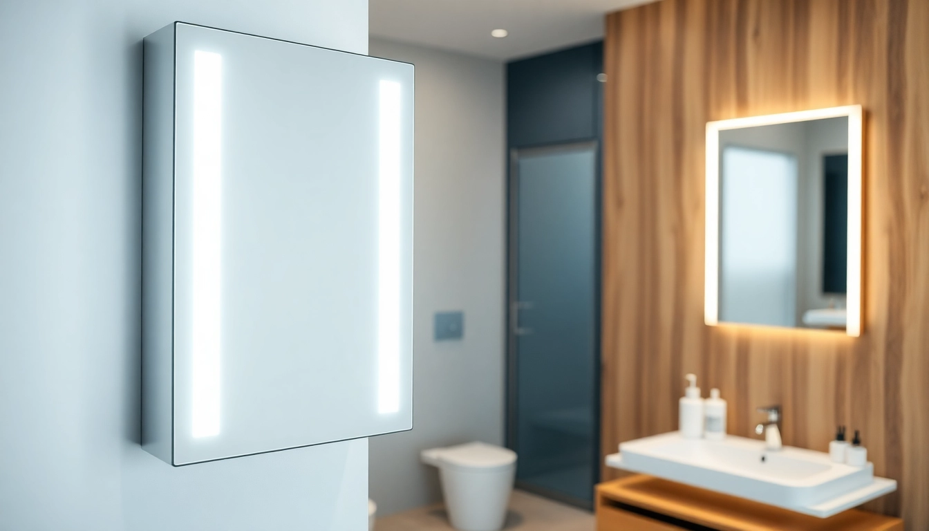 Spiegelschrank mit LED Beleuchtung in modernem Badezimmer mit eleganter Gestaltung.