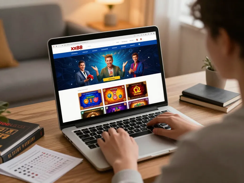 Player engaging with xx88 online gambling platform at home, showcasing interactive casino gaming.