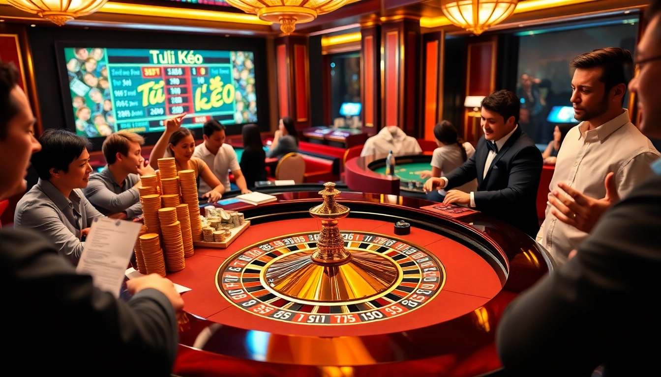 Tỷ lệ kèo displayed on an illuminated digital board amidst an exciting casino scene with players at a roulette table.