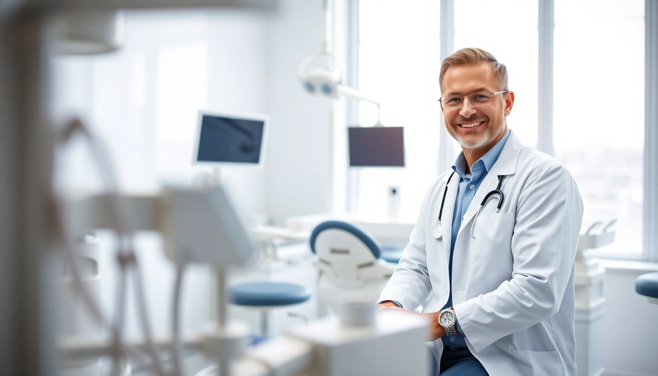 Dentist examining a patient in a bright and modern dental clinic.