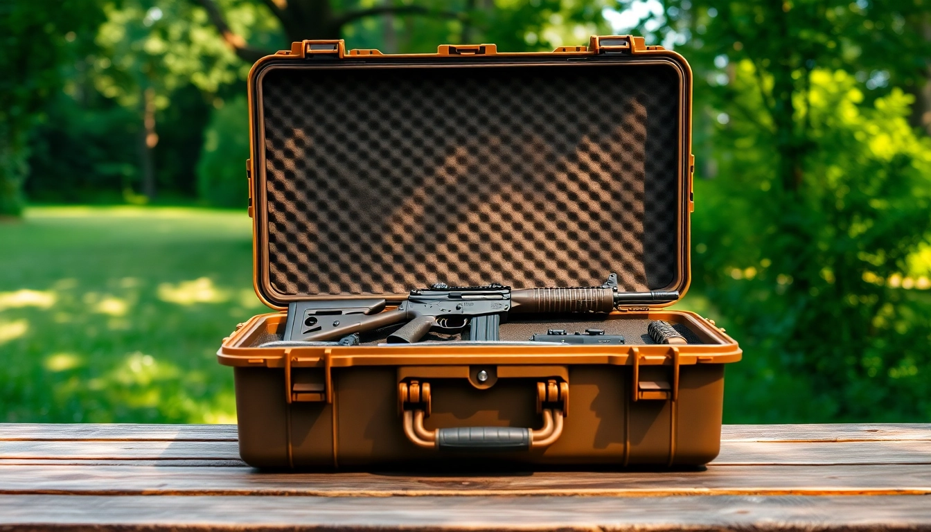 Highlighting a pelican rifle case with a rifle in a natural outdoor setting.