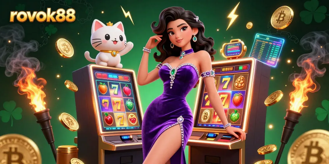 Spinning the reels at ROKOK88, a glamorous woman celebrates a jackpot win with coins flying everywhere.