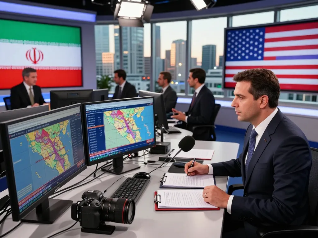 Journalist reporting live on Iran 2026 conflict in a modern newsroom.