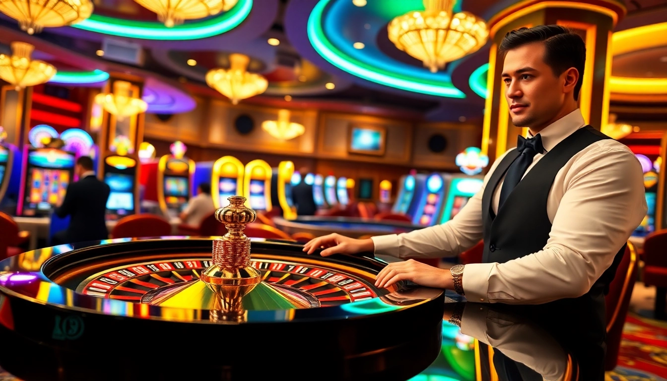 Engaging casino scene with CM88 branding, showcasing roulette and slot machines in an exciting environment.