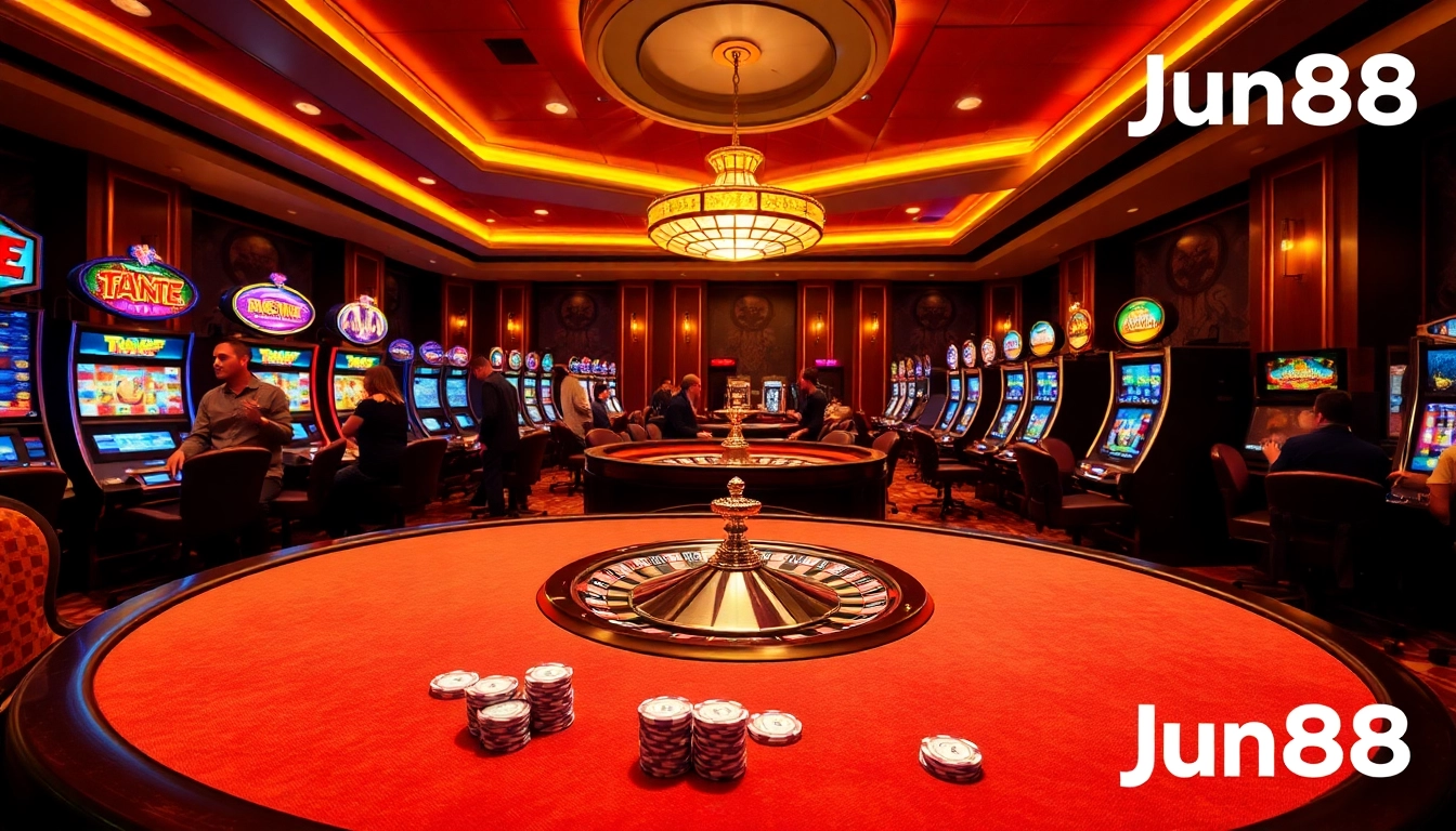 Experience thrilling poker gameplay at Jun88's elegant casino, showcasing vibrant tables and high-stakes action.