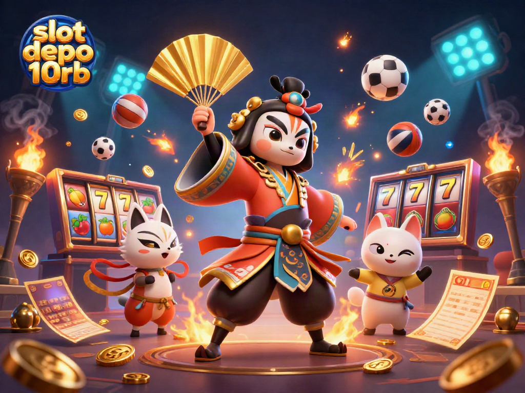 Spin with slot depo 10rb as kabuki warrior and spirits celebrate wins in vibrant casino scene.