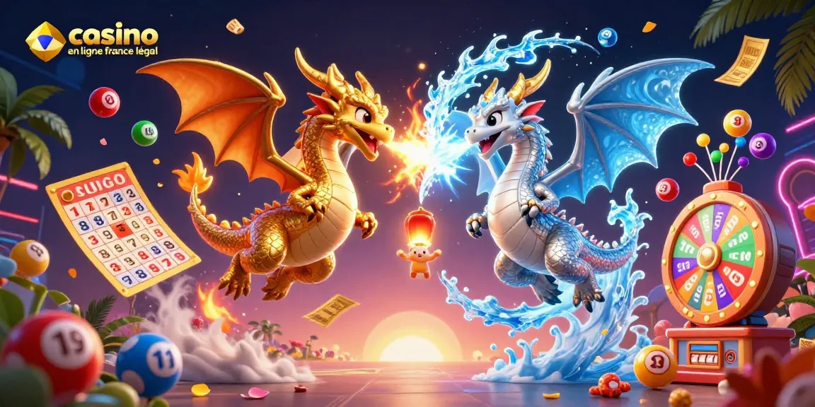 Jouez avec confiance sur un casino en ligne légal en France avec des dragons et des symboles de loterie vibrants.