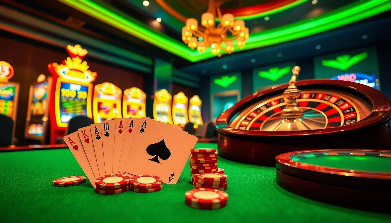 Découvrez l'excitation du casino en ligne avec des tables vibrantes, des jetons et une roue de roulette.