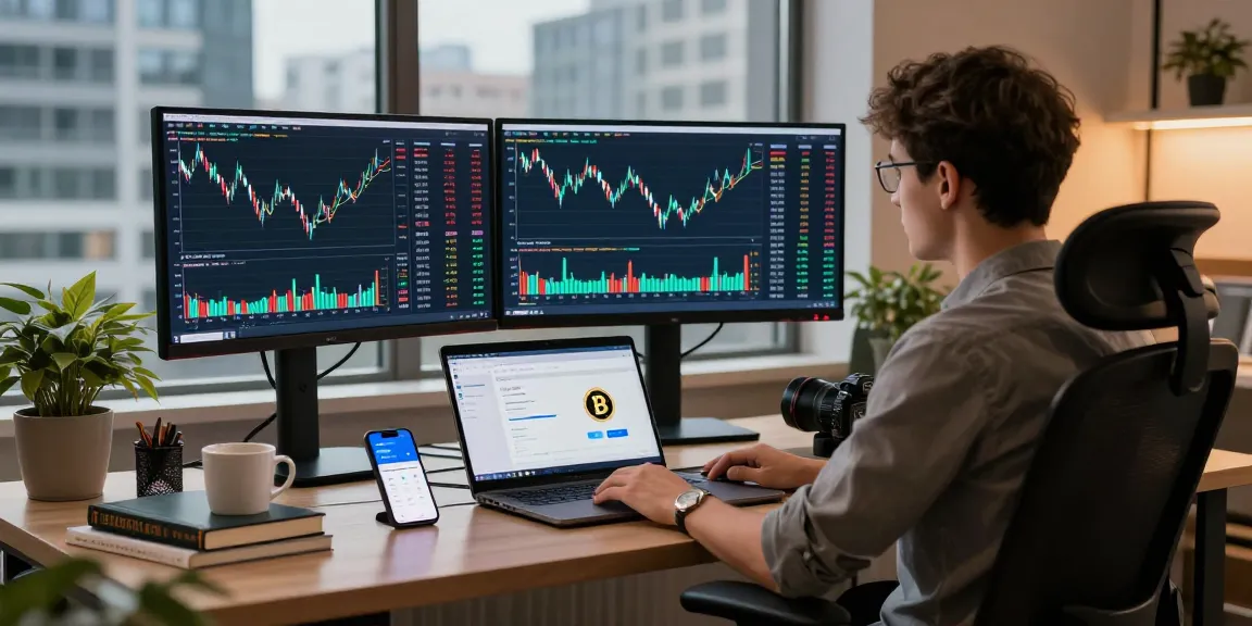 Trusted cloud mining company workspace with live crypto trading screens, showcasing innovative blockchain technology