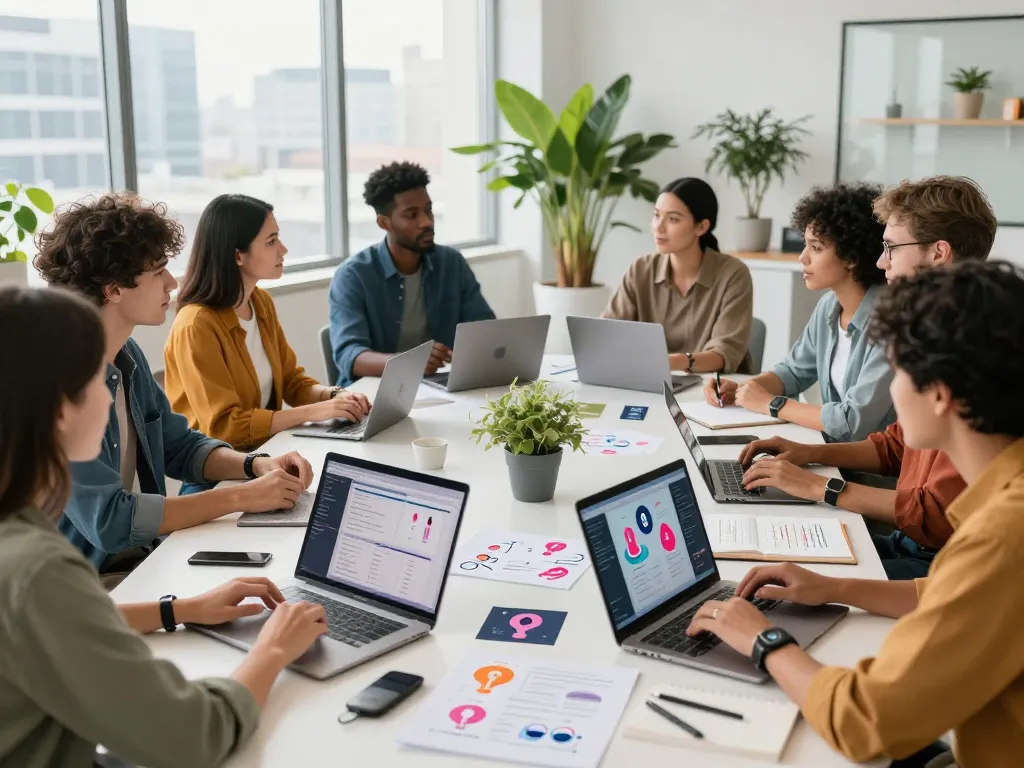 Collaborative tech meeting exploring sex AI innovations for health.