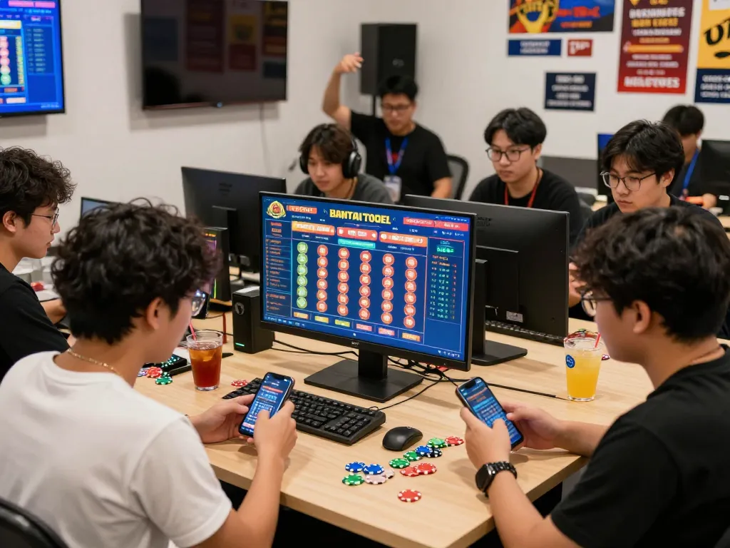 BANTAITOGEL online gaming players enjoying TOTO gambling with vibrant interfaces and community atmosphere.