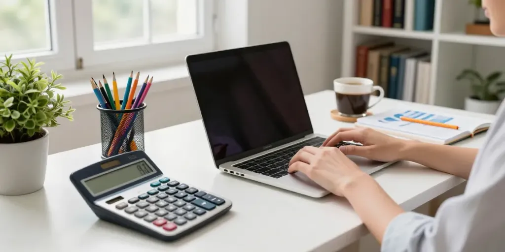 Calculator Online tools displayed in a vibrant home office setting, promoting productivity and organization.