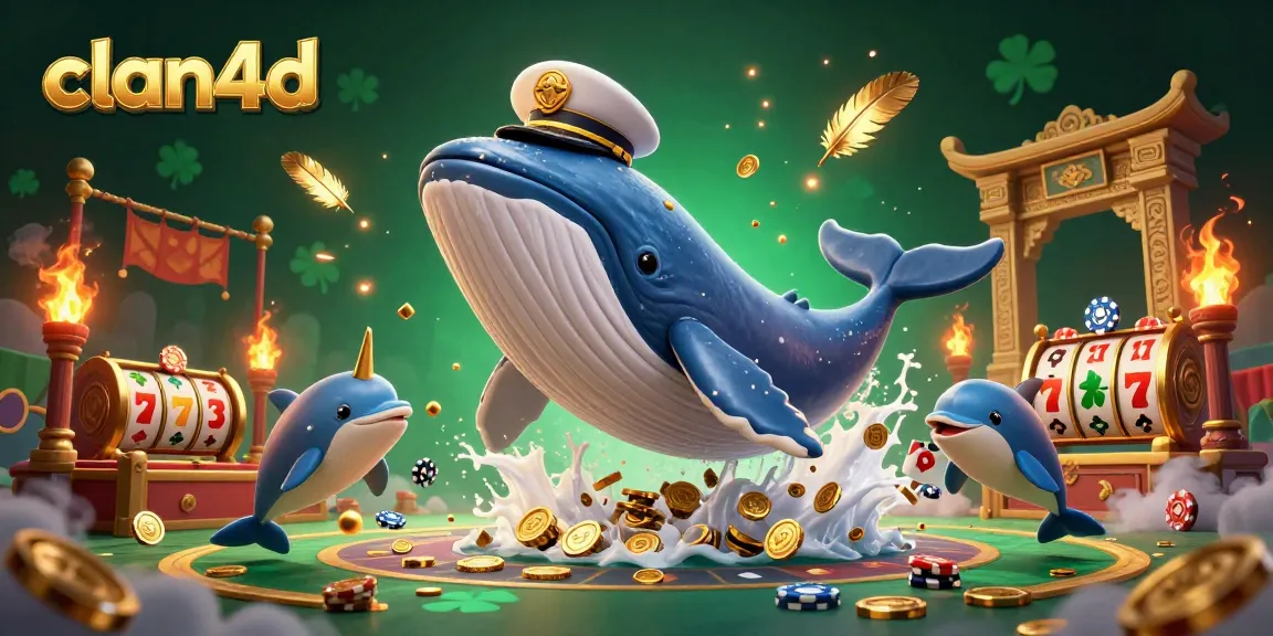 Engage with clan4d's vibrant casino experience featuring a whale and playful dolphins in a sea of coins.