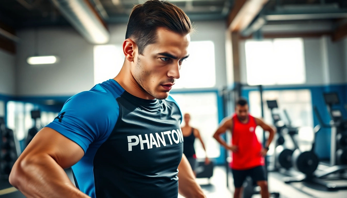 Aktiver Athlet im Phantom Athletics Outfit, das beim Training in einer Sporteinrichtung fokussiert ist.