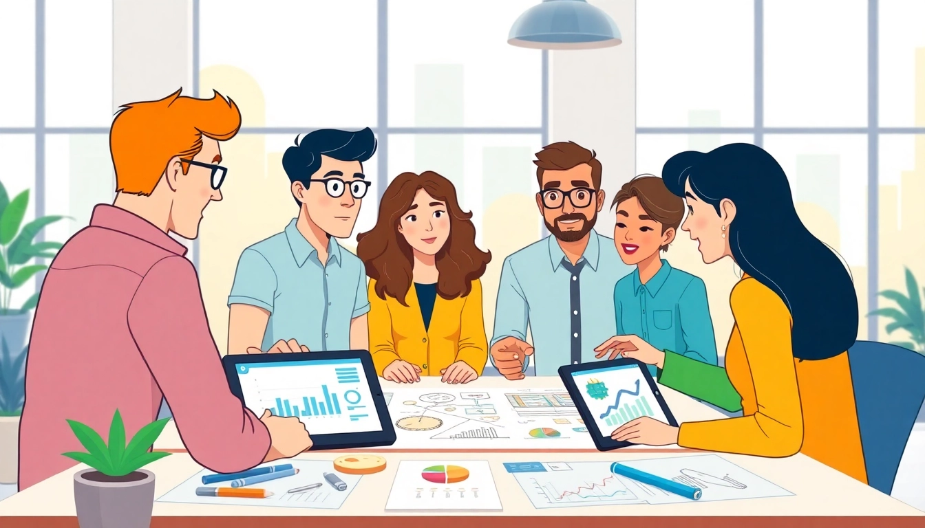 Erkläranimation in einem kreativen Arbeitsbereich mit Charakteren, die lebhaft diskutieren.
