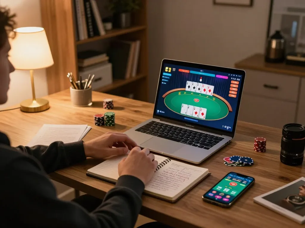 Person engaging in online casino gaming on a laptop featuring server thailand, surrounded by betting notes and mobile app.
