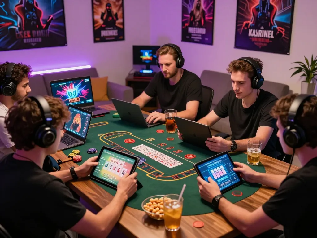 Engaging online baccarat gameplay with players using laptops and tablets at home, highlighting the popularity of 바카라사이트.