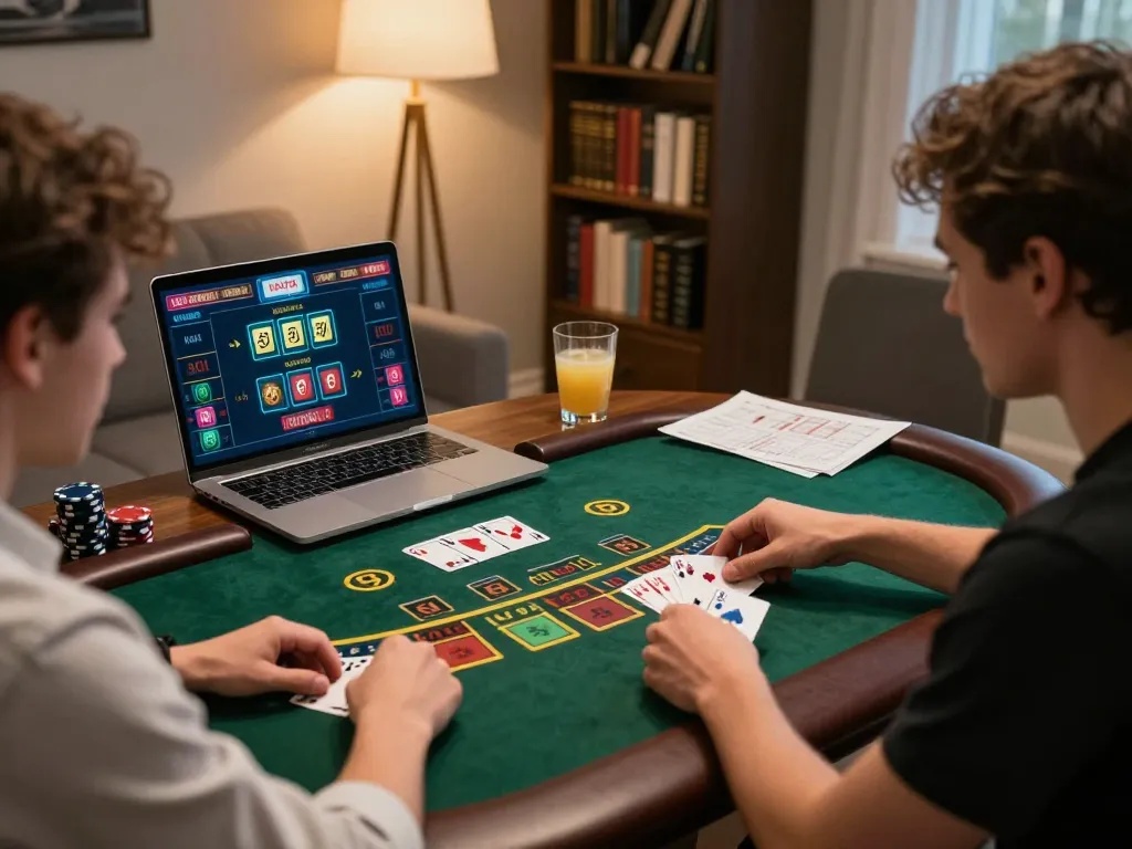 Engaging gameplay scene of online casinos Canada with players focused on blackjack strategies in a stylish home setting.