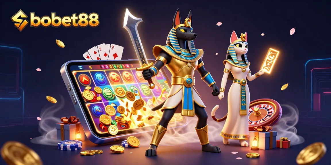 Sbobet88 champions vibrant gaming action with slot games and ancient Egyptian icons in 3D.