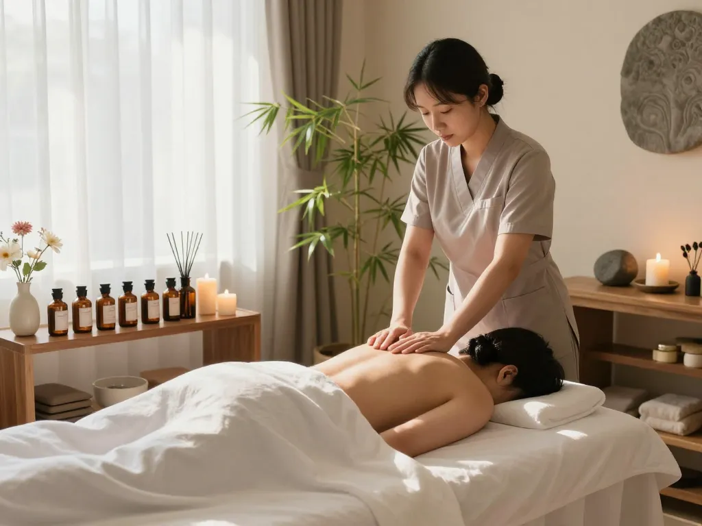 신사동마사지 session showcasing a soothing spa environment with calming decor and natural light.