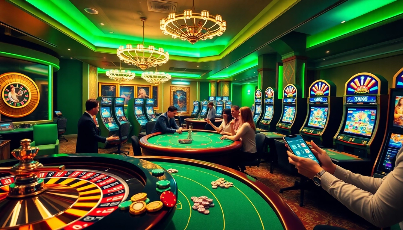 Players enjoying a lively game on Jogoluck's vibrant casino platform with roulette and poker tables.