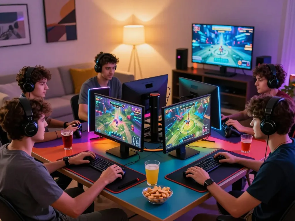 Friends enjoying VEGASSLOT77 online gaming experience in a lively living room setting with bright lights and engaging game graphics.