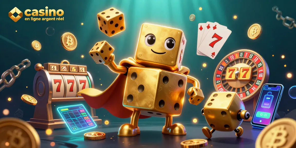 Jouez au casino en ligne argent réel avec un golem de dés doré et des rouleaux de machines à sous animés.