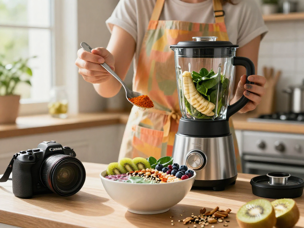 Healthy individual preparing a vegan astaxanthin supplement smoothie bowl in a sunlit kitchen.
